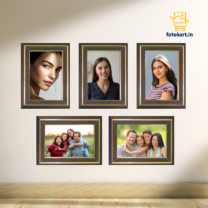 Set Of 5 Photo Frames With Wall Mount (4 X 6 Inch), Wooden with Golden lines, Wall mount, Rectangular