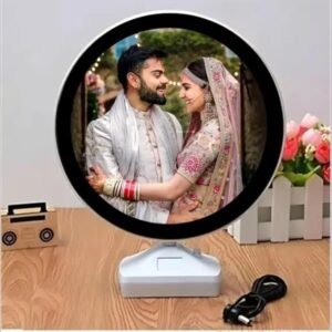 Custom Magic Mirror Photo Frame (Round Shape) Gifts Magic Mirror Photo Frame with Light Photos Gift Personalized Customized Frames for Valentines Day Gifts, Anniversary, Birthday and Home Decor.